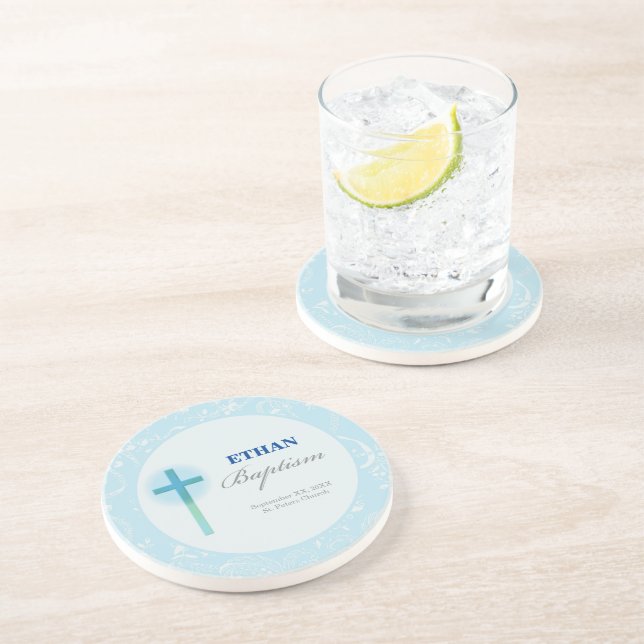 Blue Lace Boy Baptism Coaster (Side)
