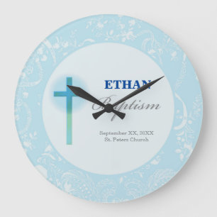 Blue Lace Boy Baptism Large Clock