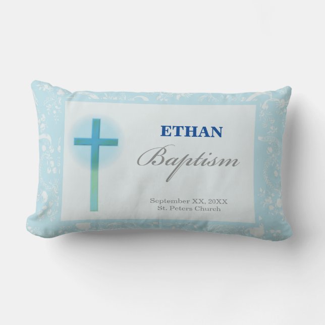 Blue Lace Boy Baptism Lumbar Cushion (Front)