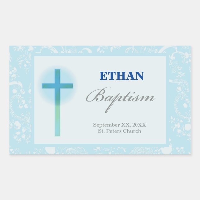 Blue Lace Boy Baptism Rectangular Sticker (Front)