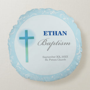 Blue Lace Boy Baptism Round Cushion