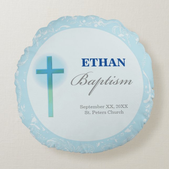 Blue Lace Boy Baptism Round Cushion (Front)