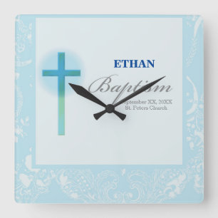 Blue Lace Boy Baptism Square Wall Clock