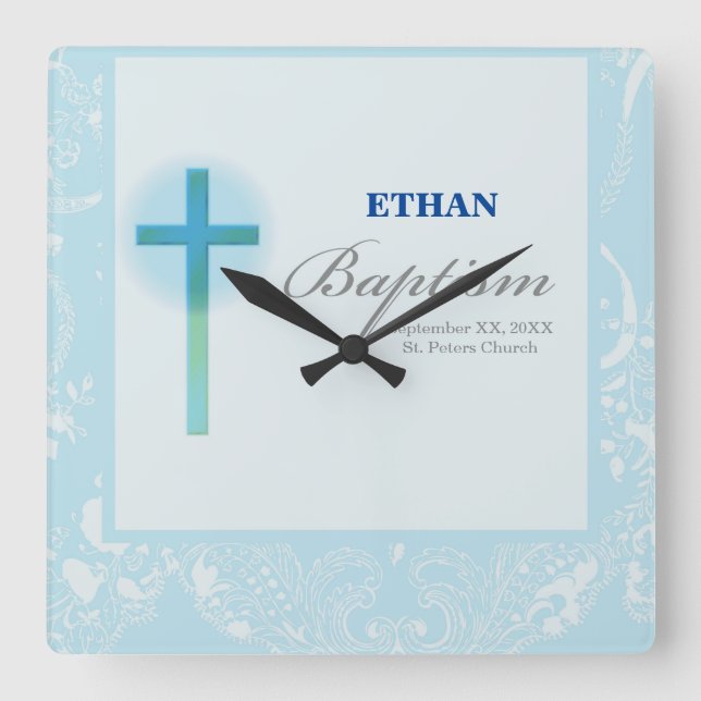 Blue Lace Boy Baptism Square Wall Clock (Front)