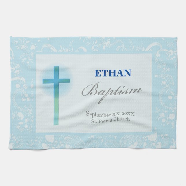 Blue Lace Boy Baptism Tea Towel (Horizontal)