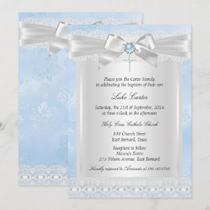 Blue Lace Cross Baptism Christening Invitation
