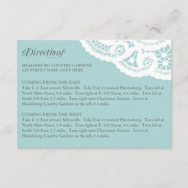 Blue Lace Doily Wedding Directions Enclosure Card (Front)