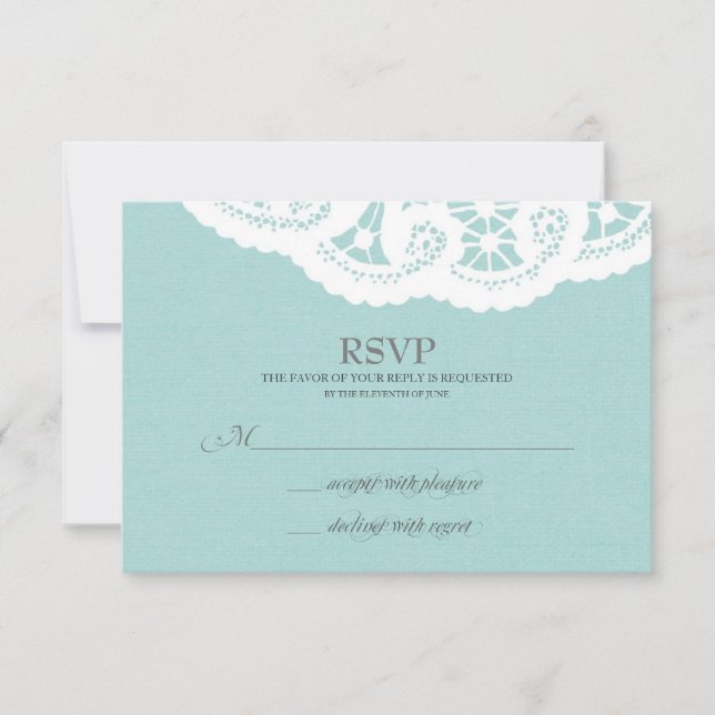 Blue Lace Doily Wedding RSVP Card (Front)