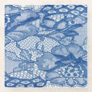 Blue lace fabric, African tulle design. Glass Coaster