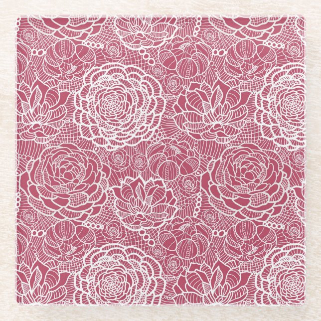 Blue lace flowers pattern background glass coaster (Front)