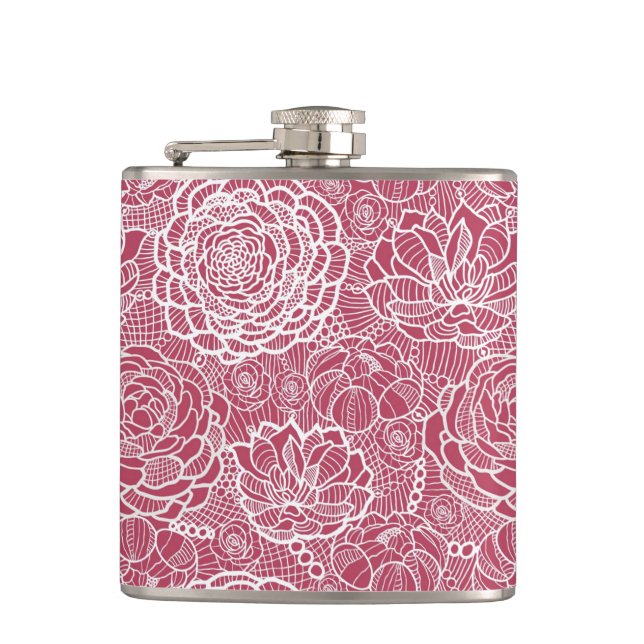 Blue lace flowers pattern background hip flask (Front)