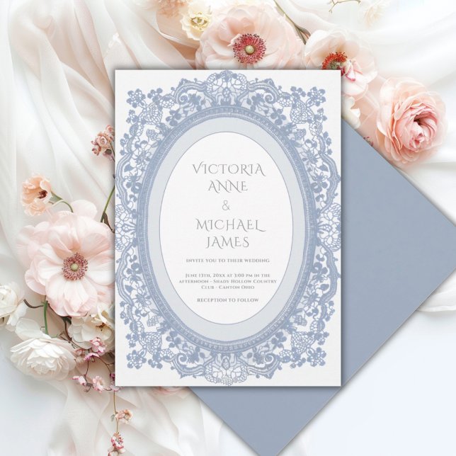 Blue Lace Frame Whimsical Vintage Wedding  Invitation (Creator Uploaded)