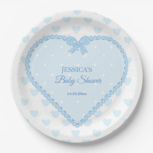 Blue Lace Heart Stars Boy Baby Shower Paper Plate