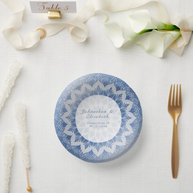 Blue Lace Mandala Wedding Paper Plate (Wedding)