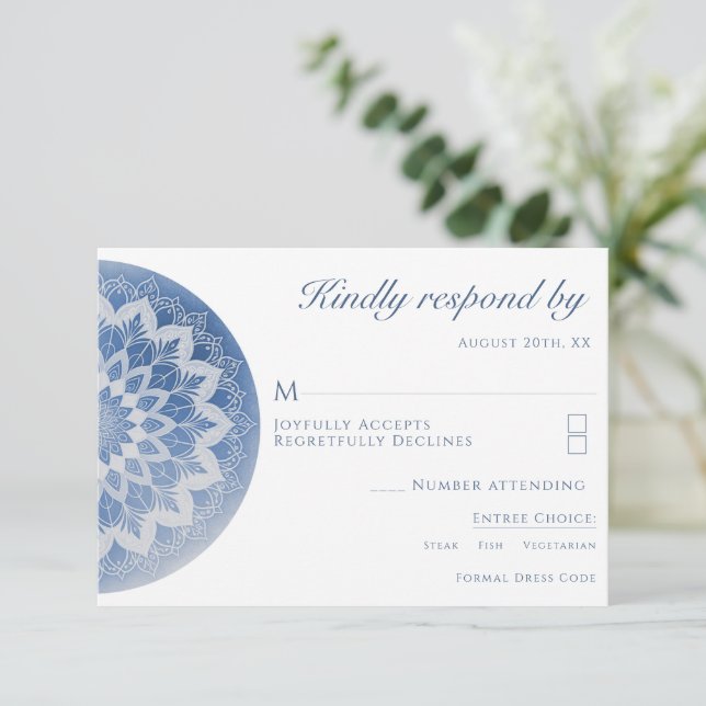 Blue Lace Mandala Wedding RSVP Card (Standing Front)