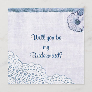 Blue lace on burlap Will you be my bridesmaid Invitation