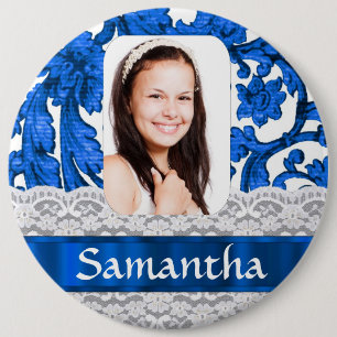 Blue lace photo template 6 cm round badge