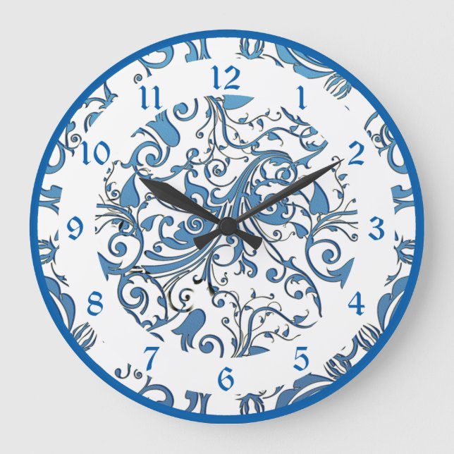 Blue Lace Scroll Work Pattern Large Clock (Front)