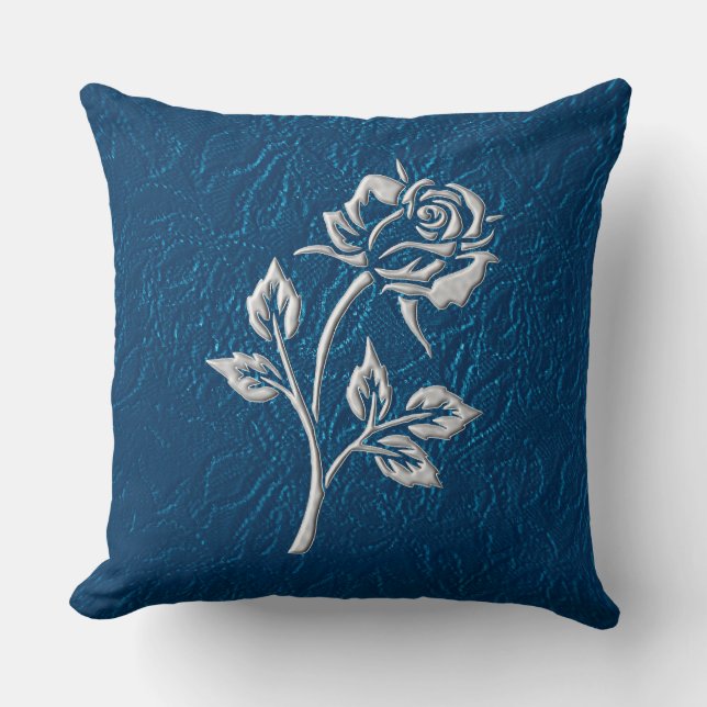 Blue Lace With Silver Rose Cushion (Front)