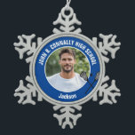 Blue Lacrosse Player Photo High School Spirit Snowflake Pewter Christmas Ornament<br><div class="desc">This cool customized high school lacrosse player photo gift features white typography of your team and player name on a blue snowflake Christmas ornament with a ball and rackets icon. Personalize with your athlete's photograph and class year as a proud sports parent.</div>