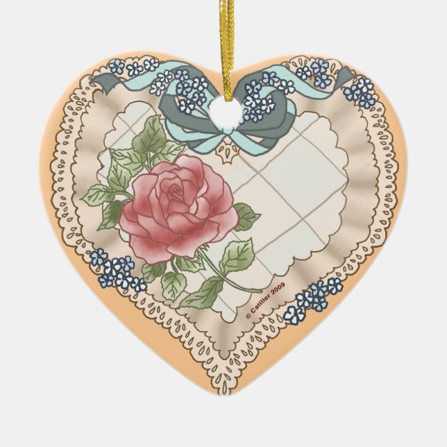Blue Lacy Ribbon Heart ceramic ornament (Front)