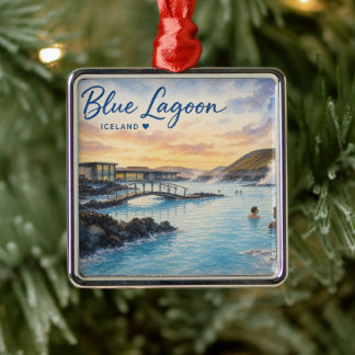 Blue Lagoon Iceland thermal bath watercolor Metal Tree Decoration