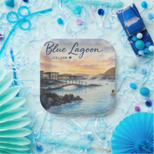Blue Lagoon Iceland thermal bath watercolor Paper Plate