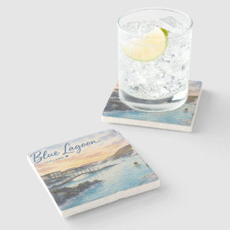 Blue Lagoon Iceland thermal bath watercolor Stone Coaster