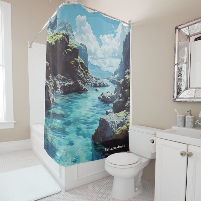 Blue Lagoon Iceland Vintage Illustration Travel Shower Curtain (In Situ)