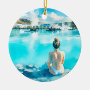 Blue Lagoon Iceland Watercolor Ceramic Tree Decoration