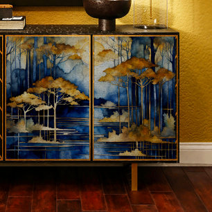 Blue Lake Gold Trees Decoupage Tissue Paper