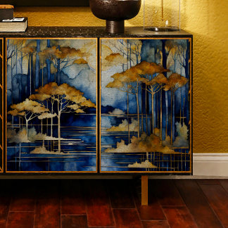 Blue Lake Gold Trees Decoupage Tissue Paper