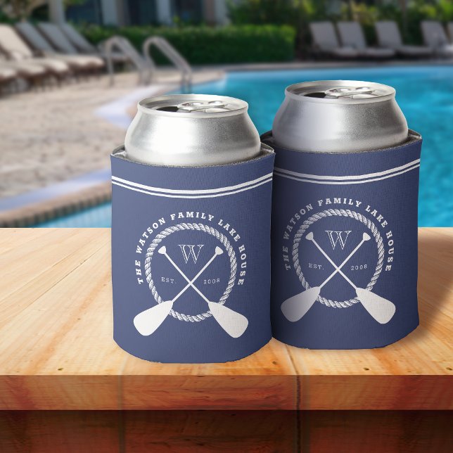 Blue Lake House Monogram Crossed Paddles Can Cooler (Creator Uploaded)