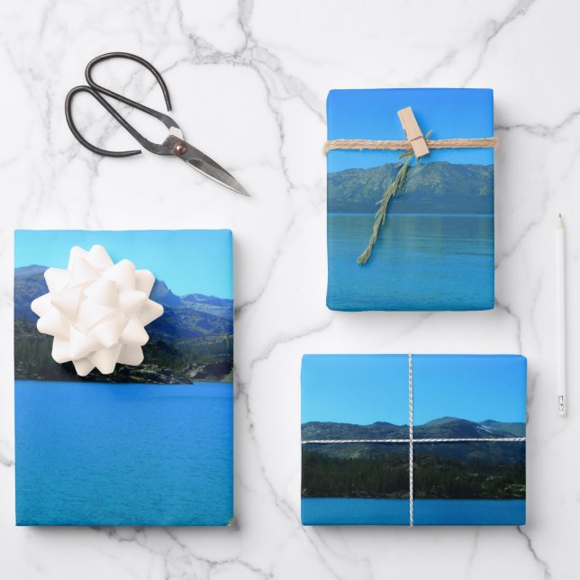 Blue Lake Mountain Decoupage High Quality Triad  Wrapping Paper Sheet (Front)