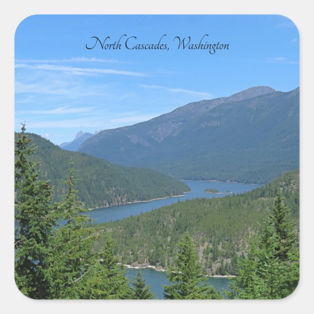 Blue Lake Winds Through Green Forested Mountains Square Sticker (Front)