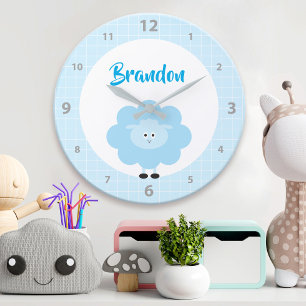 Blue Lamb Boy Kid Nursery Script Cute Kawaii Name Large Clock