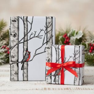 Blue Large Birch Trees and Red Cardinal Birds Wrapping Paper