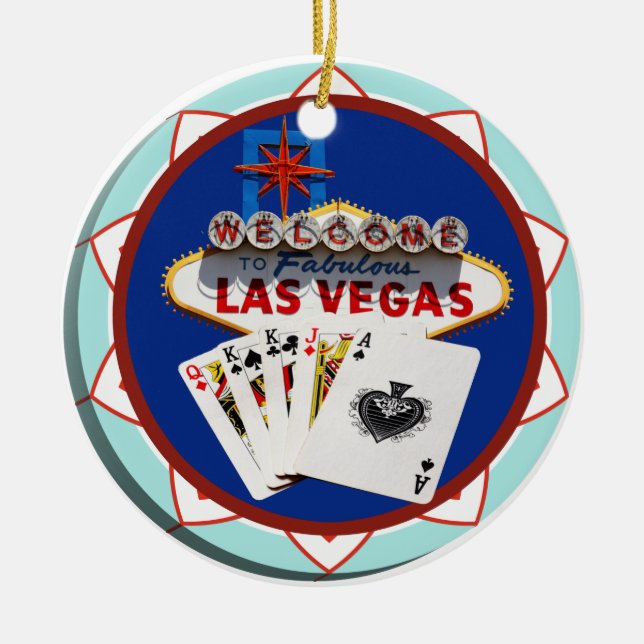 Blue Las Vegas Welcome Sign Poker Chip Ceramic Tree Decoration (Front)