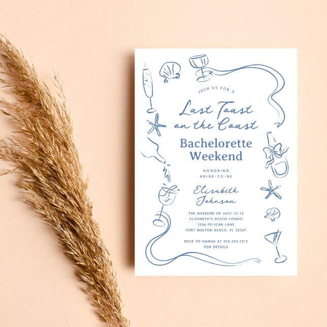 Blue Last Toast on the Coast Bachelorette Weekend Invitation (Creator Uploaded)
