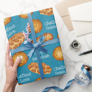 Blue Latkes and Challah Bread Hanukkah Pattern Wrapping Paper