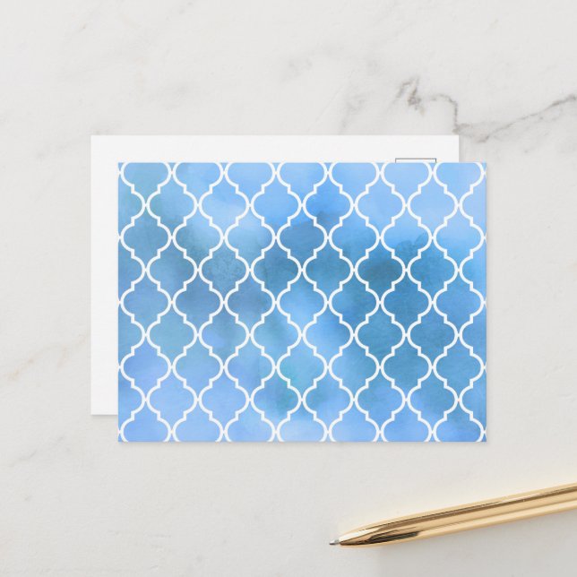 Blue Latticework, Quatrefoil, Trellis, Watercolors Postcard (Front/Back In Situ)