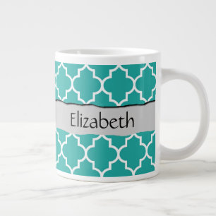 Blue Latticework, Quatrefoil, Trellis, Your Name Large Coffee Mug