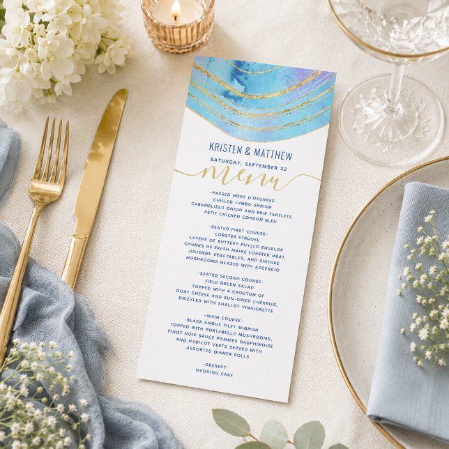 Blue Lavender Agate Geode Gold Foil Wedding Menu (Elevate your celebration dining with this blue lavender agate geode gold foil wedding menu design. )