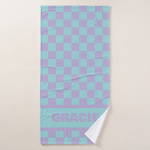 Blue & Lavender Chequerboard Custom Name Bath Towel