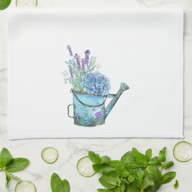 Blue Lavender Hydrangea Water can Farmhouse Floral Tea Towel (Folded)