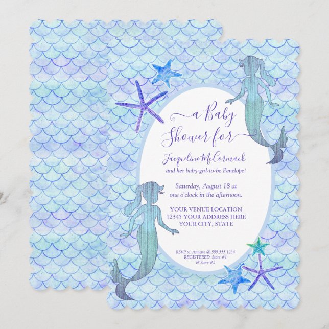 Blue Lavender Mermaid Watercolor Baby Girl Shower Invitation (Front/Back)