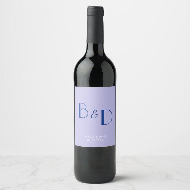 Blue Lavender Modern Monogram Wedding Wine Label (Front)