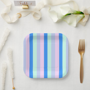 Blue, Lavender, Pink & Pastel Mint Green Stripes Paper Plate