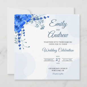 Blue Lavender Watercolor Floral Square Wedding Invitation
