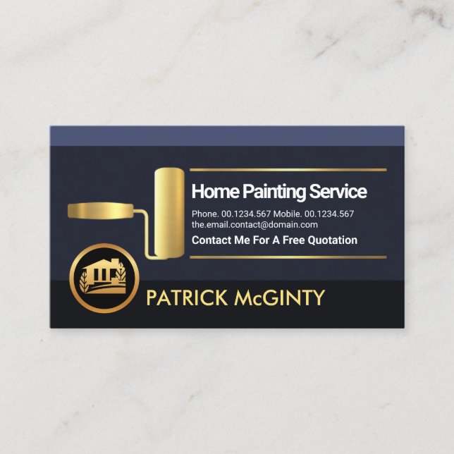 Blue Layers Gold Roller Paint Brush Home Painter Business Card (Front)